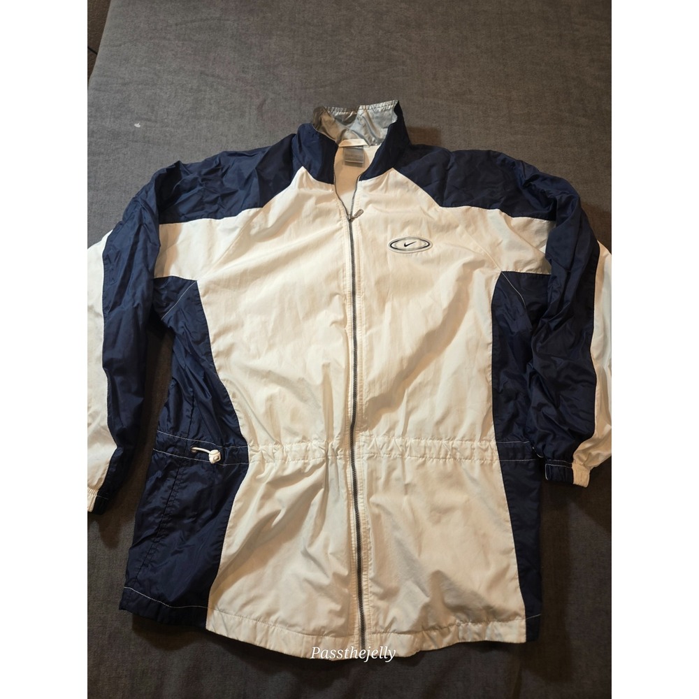Vtg Y2K Nike Women's Large Navy White Colorblock Windbreaker Track Jacket Retro